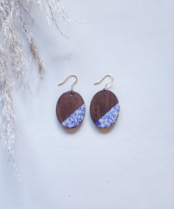 Blue China & Wood Split Oval Earrings