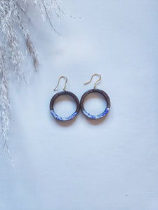 Blue China & Wood Split Circular Earrings