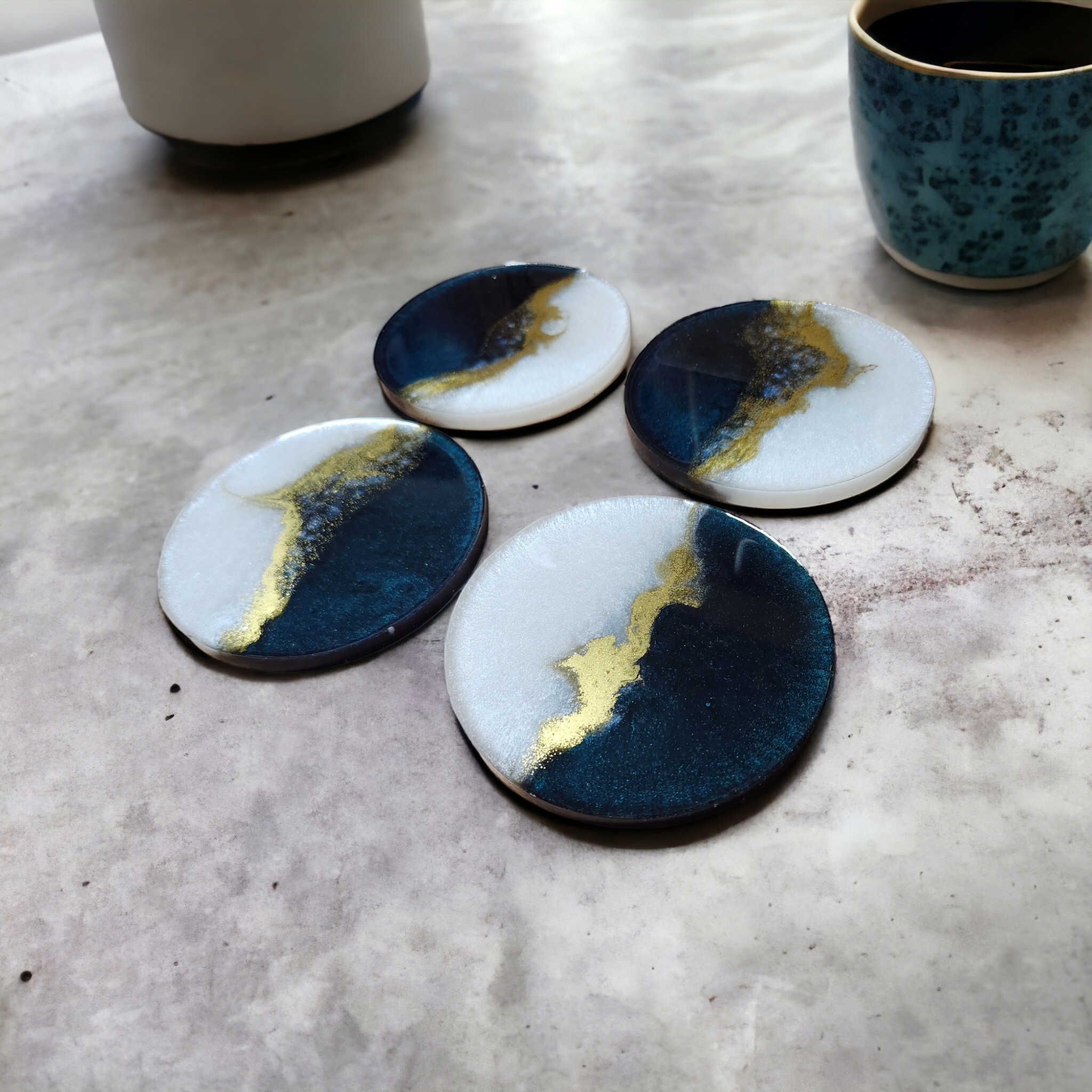 Deep Teal, White & Gold Resin Coasters