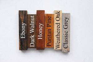 Stain Options Available (left to right): Ebony, Dark Walnut, Honey, Puritan Pine, Weathered Oak, Classic Grey